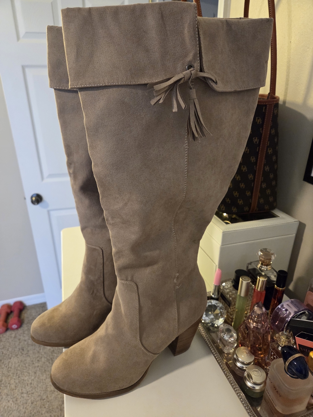 Taupe Suede Knee-High Heeled Boots - Women